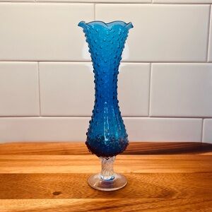 Blue Glass Diamond Cut, Ruffled Rim, Clear Footed Bud Vase Delicate